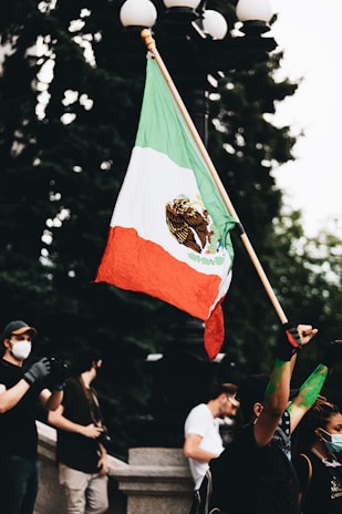 A person in a crowd raises a large Mexican flag with a green, white, and red color scheme, featuring an eagle emblem in the center. The scene shows multiple people, some wearing masks and gloves, possibly indicating a protest or public gathering. The background includes trees and the base of a lamp post.