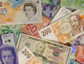 Euro banknotes spread out alongside Thai baht notes, highlighting global currencies.