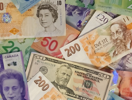 A collection of various international currency notes is spread out. The notes include representations of people and intricate designs. Different denominations are visible, showcasing a variety of currencies including pounds, dollars, and Euros.