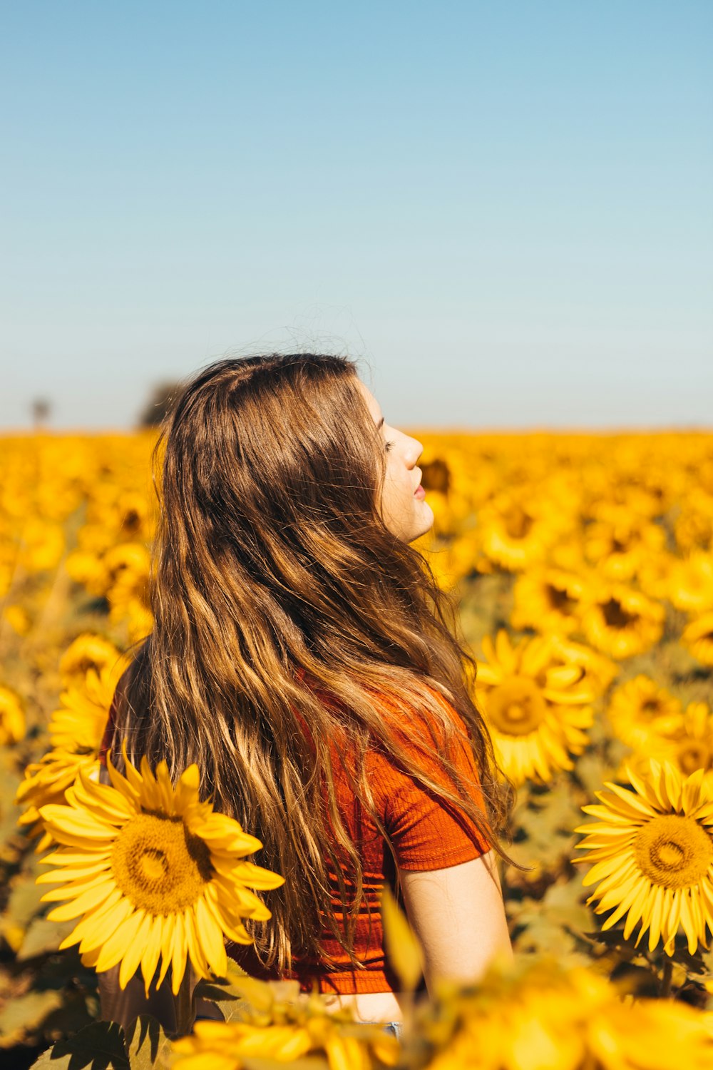woman in orange shirt standing on sunflower field during daytime