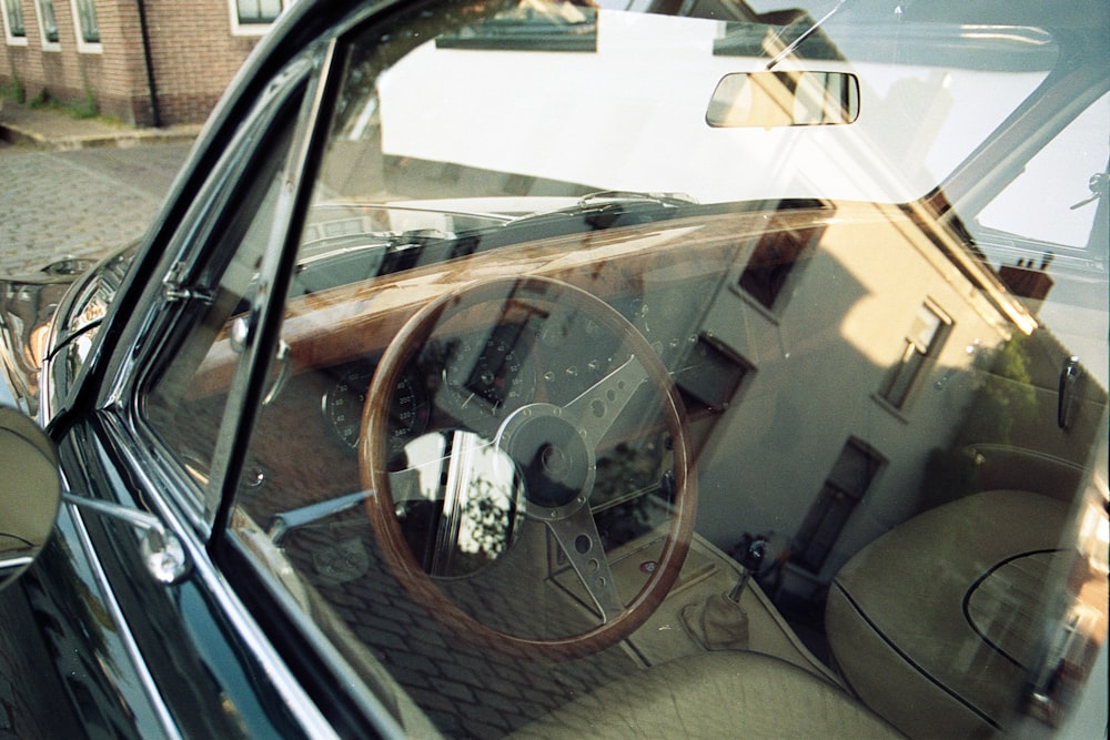 brown steering wheel in car