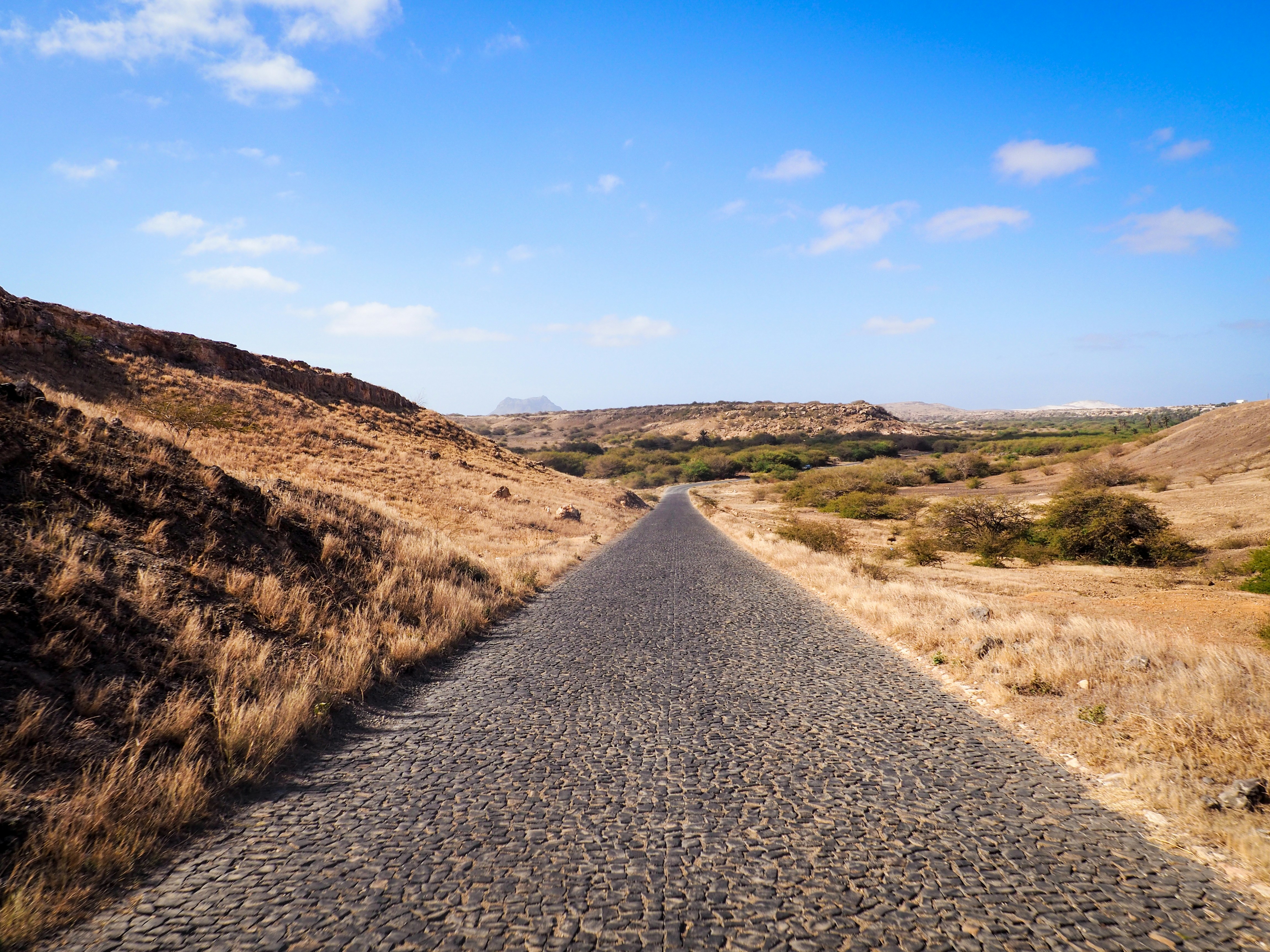 gray asphalt road between brown grass field under blue sky during daytime