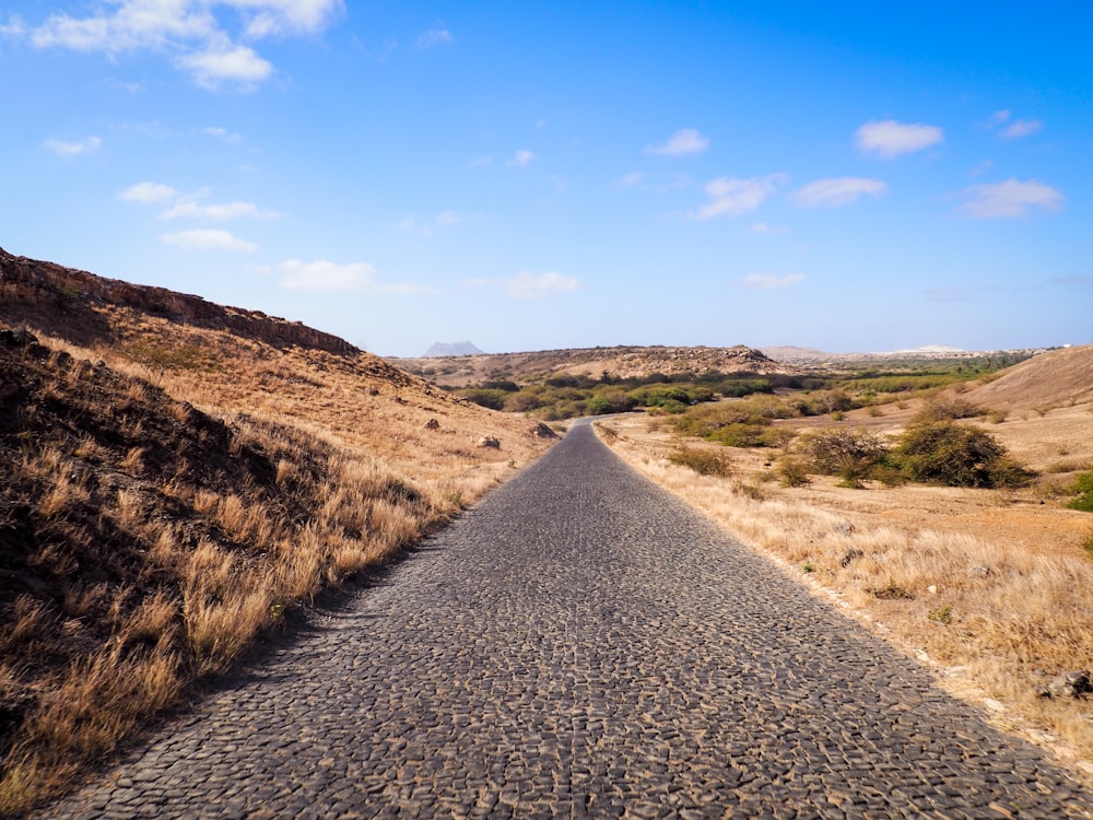 gray asphalt road between brown grass field under blue sky during daytime