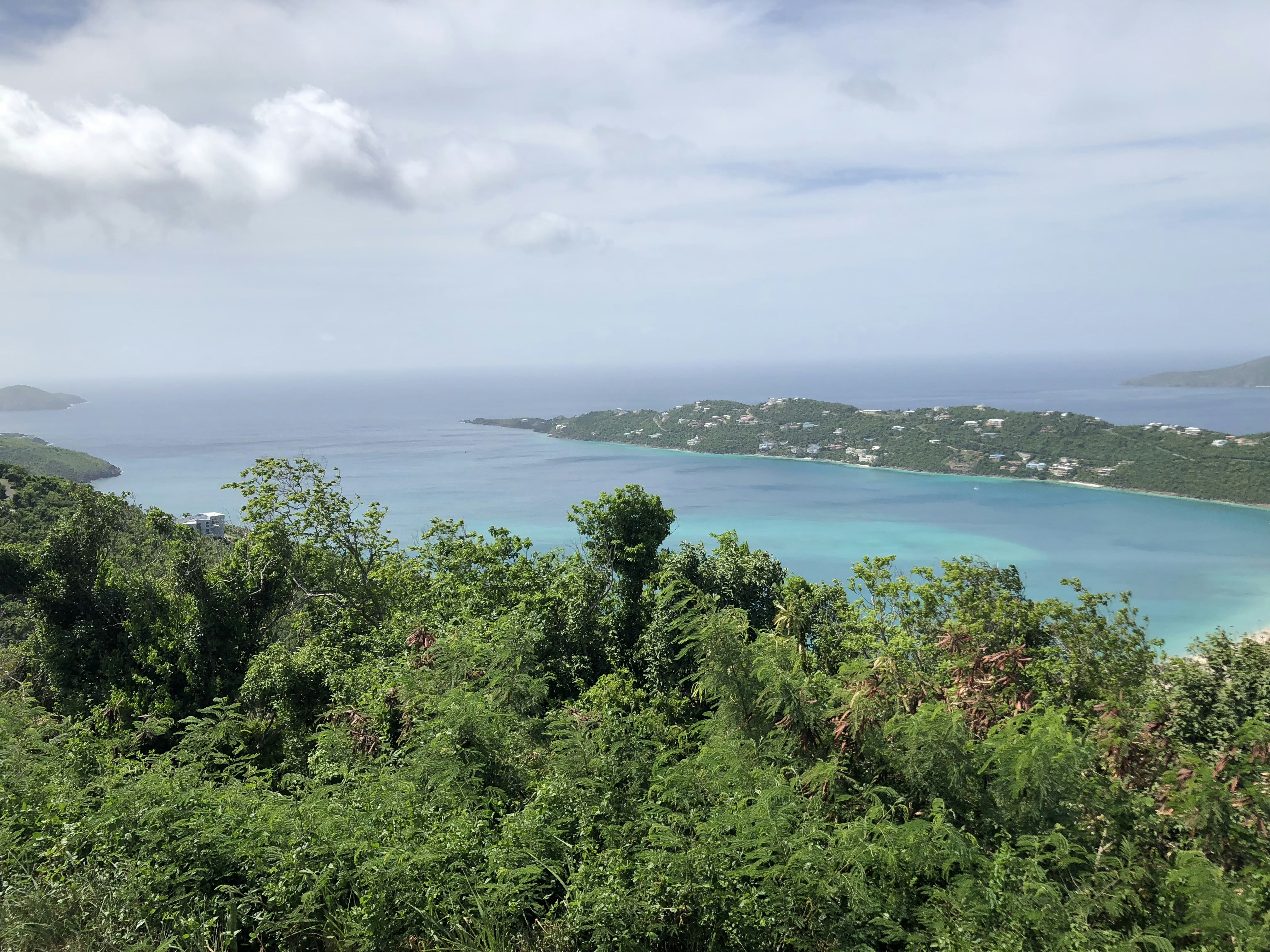 green trees near body of water under white clouds during daytime, View of Magens Bay, St. Thomas from the mountains above. 