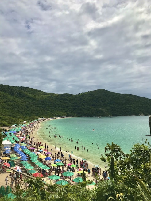 Crowded beach with colorful umbrellas and families enjoying the sun