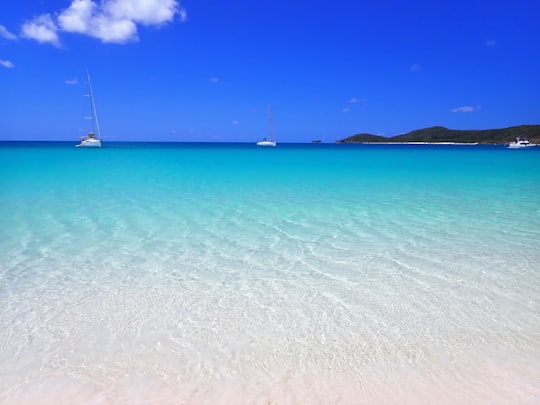 white boat on sea under blue sky during daytime in Whitehaven Beach Australia