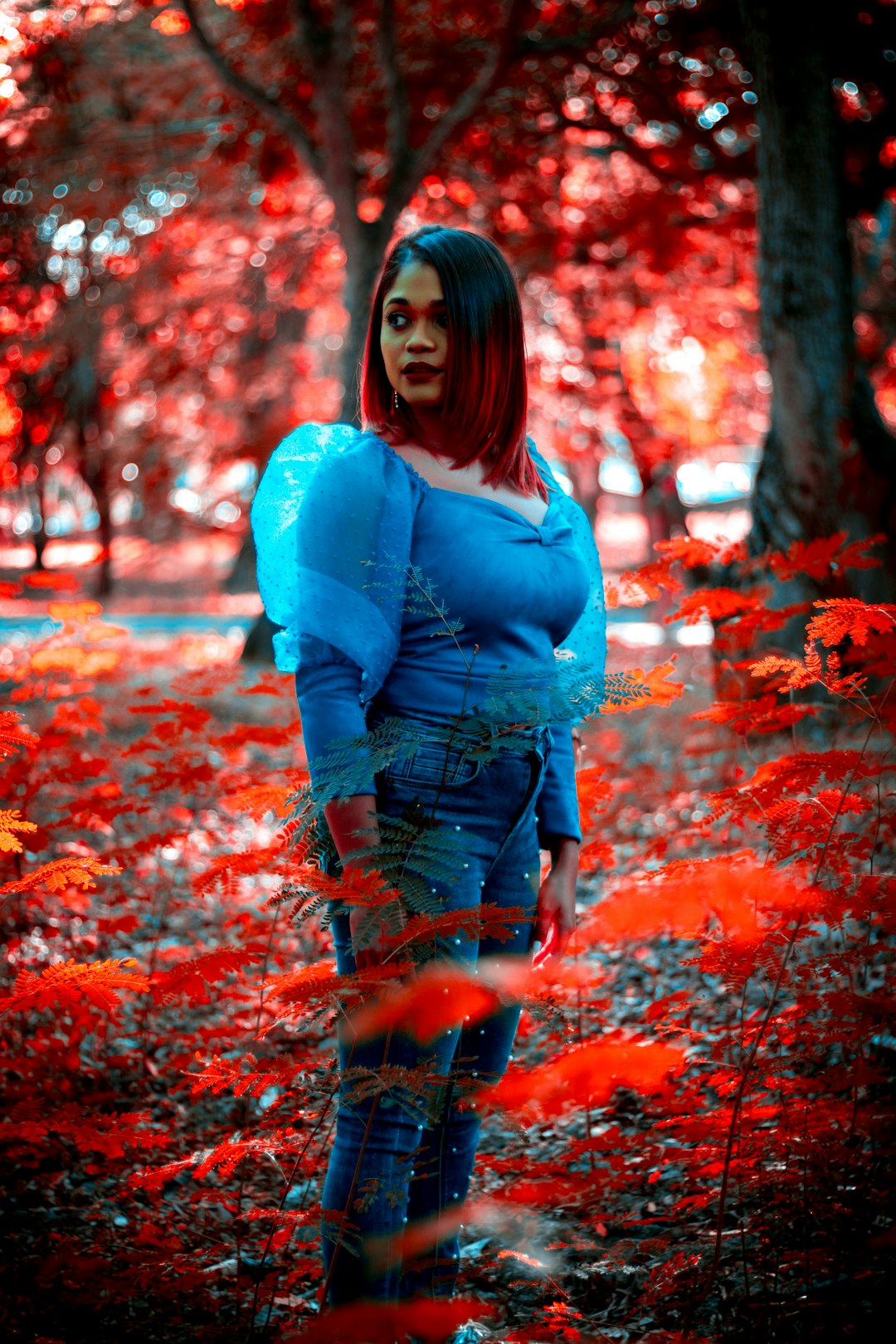 woman in blue long sleeve shirt and blue denim jeans standing on red leaves