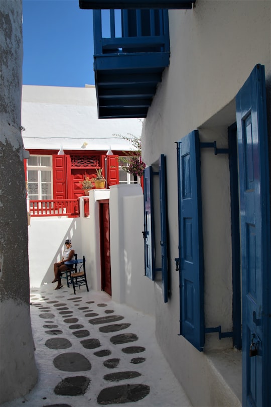 blue and red concrete building in Mýkonos Greece