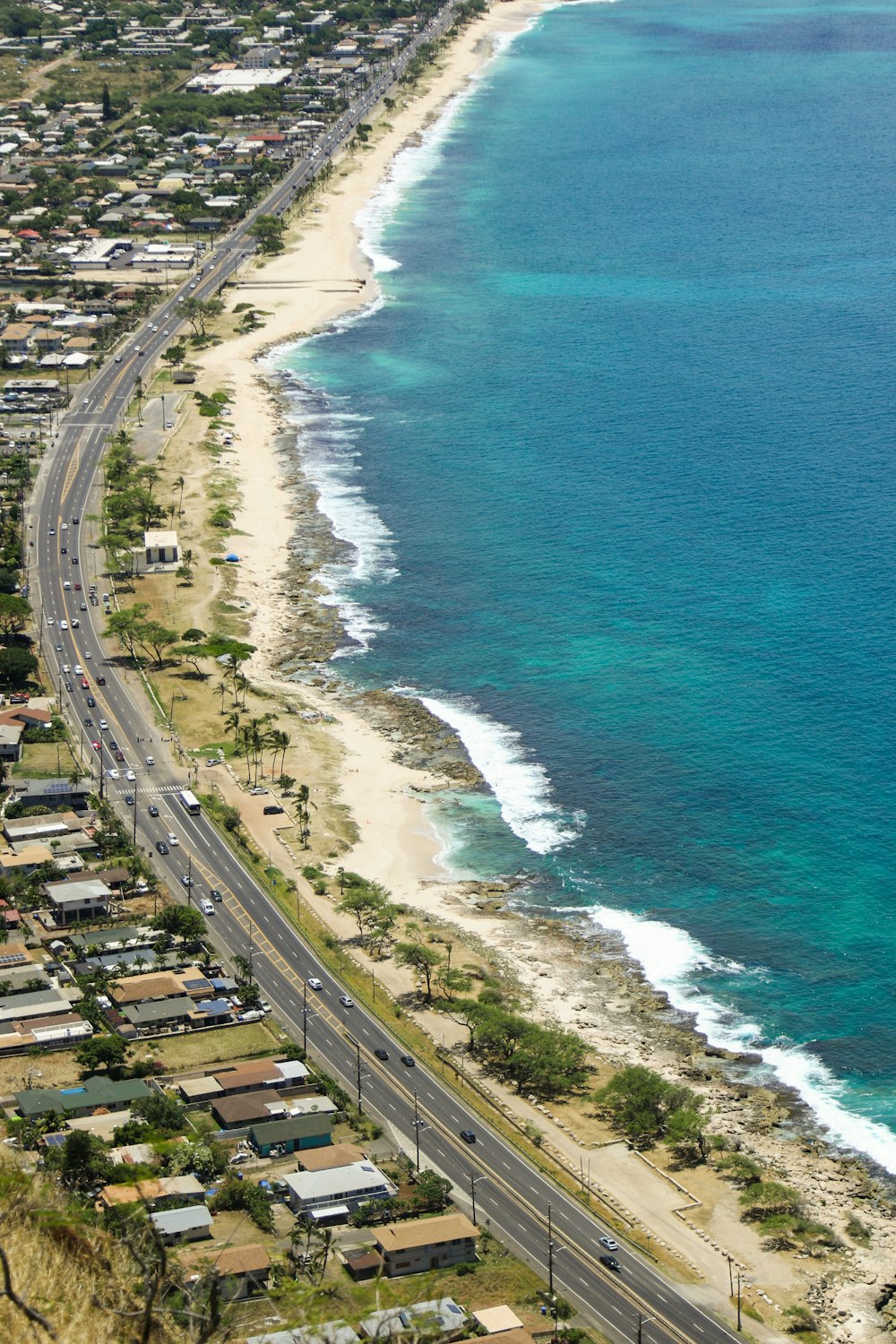 aerial view of city buildings near sea during daytime