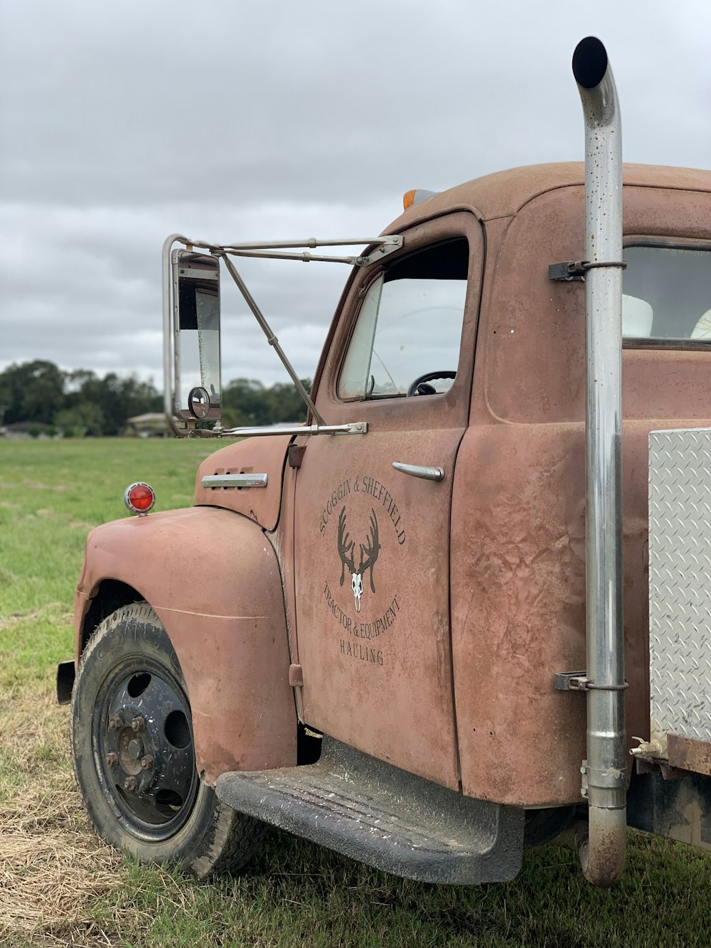 camion brun et blanc sur le champ d’herbe verte pendant la journée