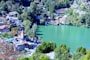 aerial view of houses near green trees and lake during daytime