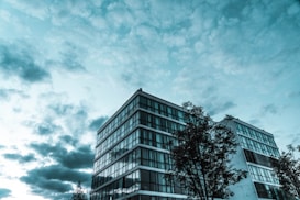 A modern glass-fronted building with multiple floors is shown against a backdrop of an expansive sky filled with clouds. Trees are visible in the foreground, partially obscuring the lower parts of the building.