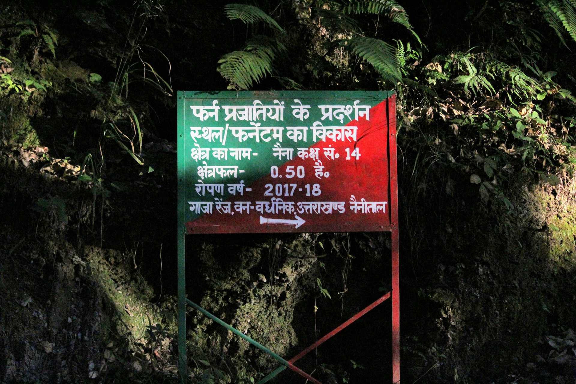A red rectangular signboard with text in Hindi is situated against a background of dense foliage. The area is lush with green leaves and shadows suggest it's in a forested or heavily vegetated area.