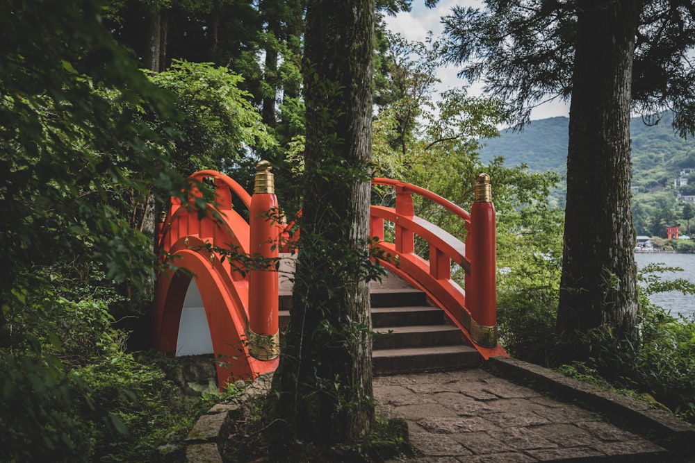 Puente de metal rojo sobre el cuerpo de agua durante el día