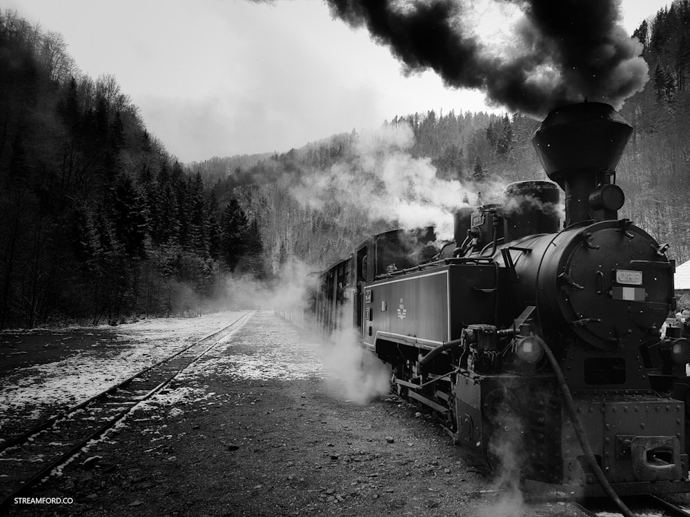 grayscale photo of train on rail road