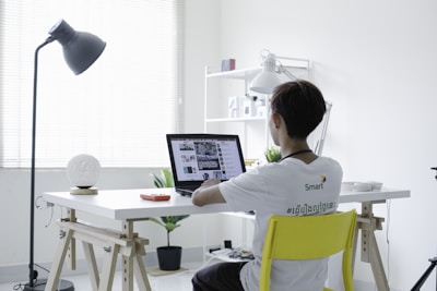 A person is seated at a desk in a minimalistic, modern home office setting. The individual is using a laptop, surrounded by various objects including a desk lamp, a spherical light, a potted plant, and some electronic gadgets. The office furniture has a clean, streamlined design, and the room is brightly lit by natural light coming through the window blinds.