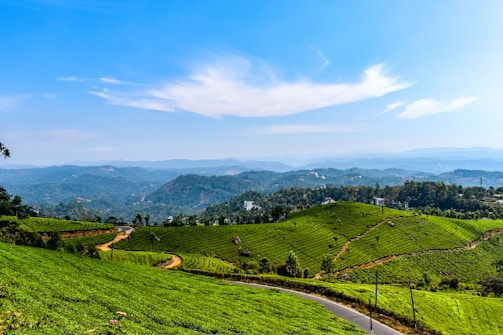 green grass field near mountain under blue sky during daytime