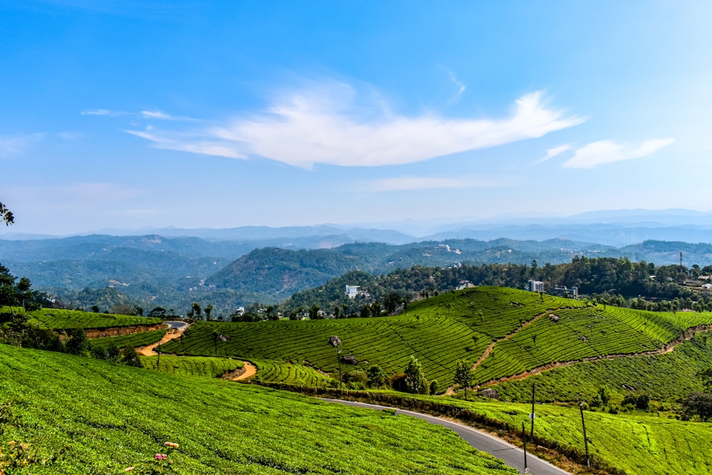 green grass field near mountain under blue sky during daytime