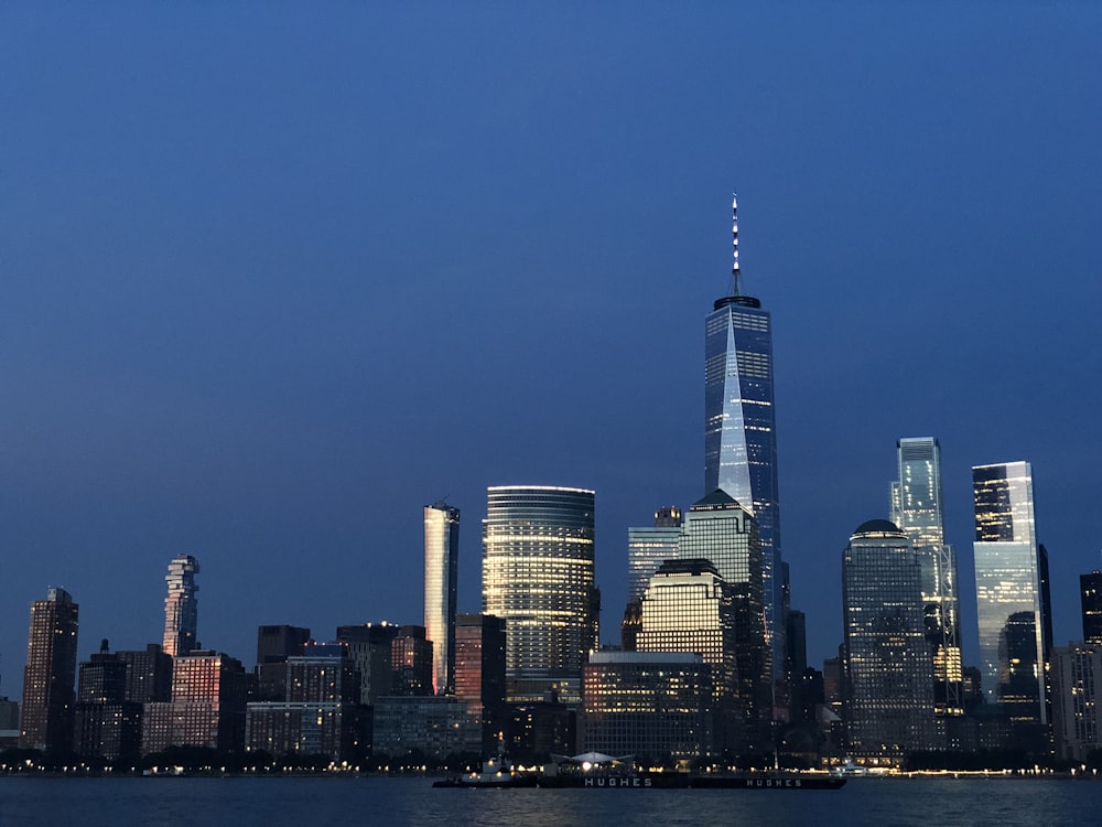 city skyline during night time