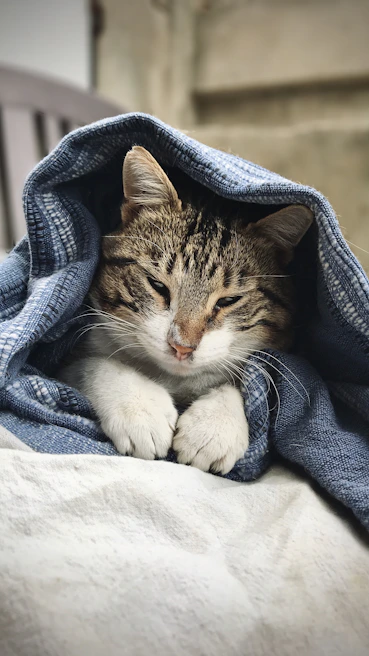 A shy tabby cat curled up comfortably in a cozy blanket