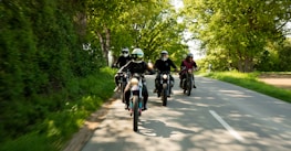 A group of riders enjoying a sunny day on their electric motorcycles along a scenic route.