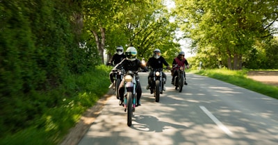 A group of four motorcyclists rides down a tree-lined road. The road is bathed in sunlight, and the surrounding trees create a lush, green backdrop. Each motorcyclist is wearing a helmet, and they appear to be enjoying the ride through the scenic, natural setting.