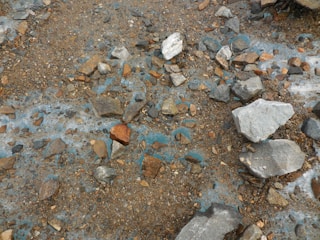 A rough, rocky terrain with a mix of small to medium-sized stones scattered across the surface. The ground appears to have patches of a bluish tint interspersed with brown earth and rocks. The rocks vary in color from gray to reddish-brown, giving a rugged and natural appearance.