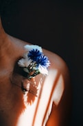 blue and white flower on persons lap