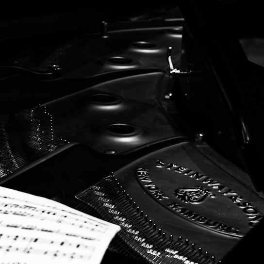 A close-up of an interior section of a piano, focusing on the strings and an engraved plate reading 'Steinway & Sons, New York Hamburg'. A sheet of music is partially visible in the foreground. The image is in black and white, highlighting the textures and metal components.