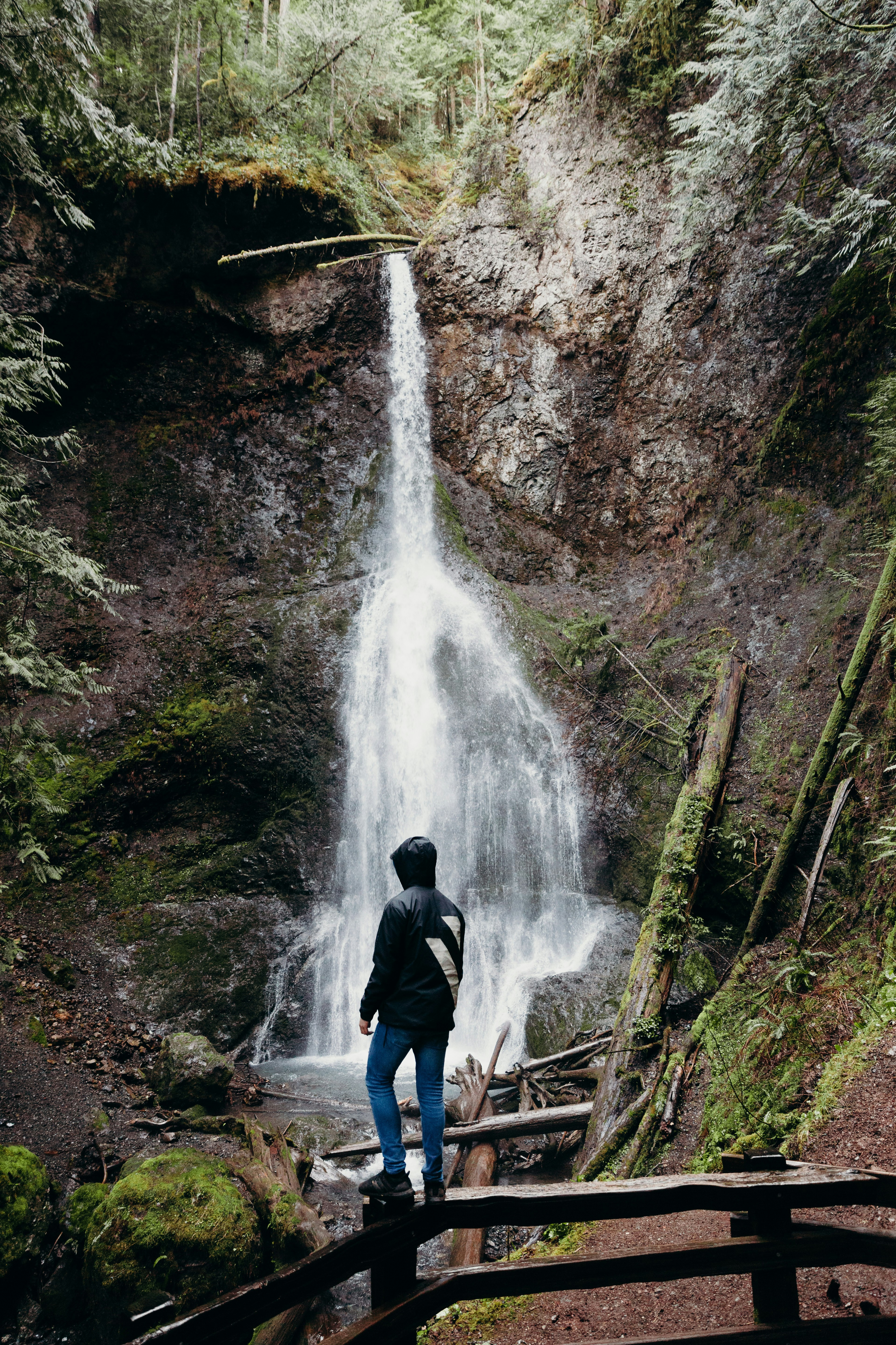 man in black jacket standing in front of waterfalls during daytime