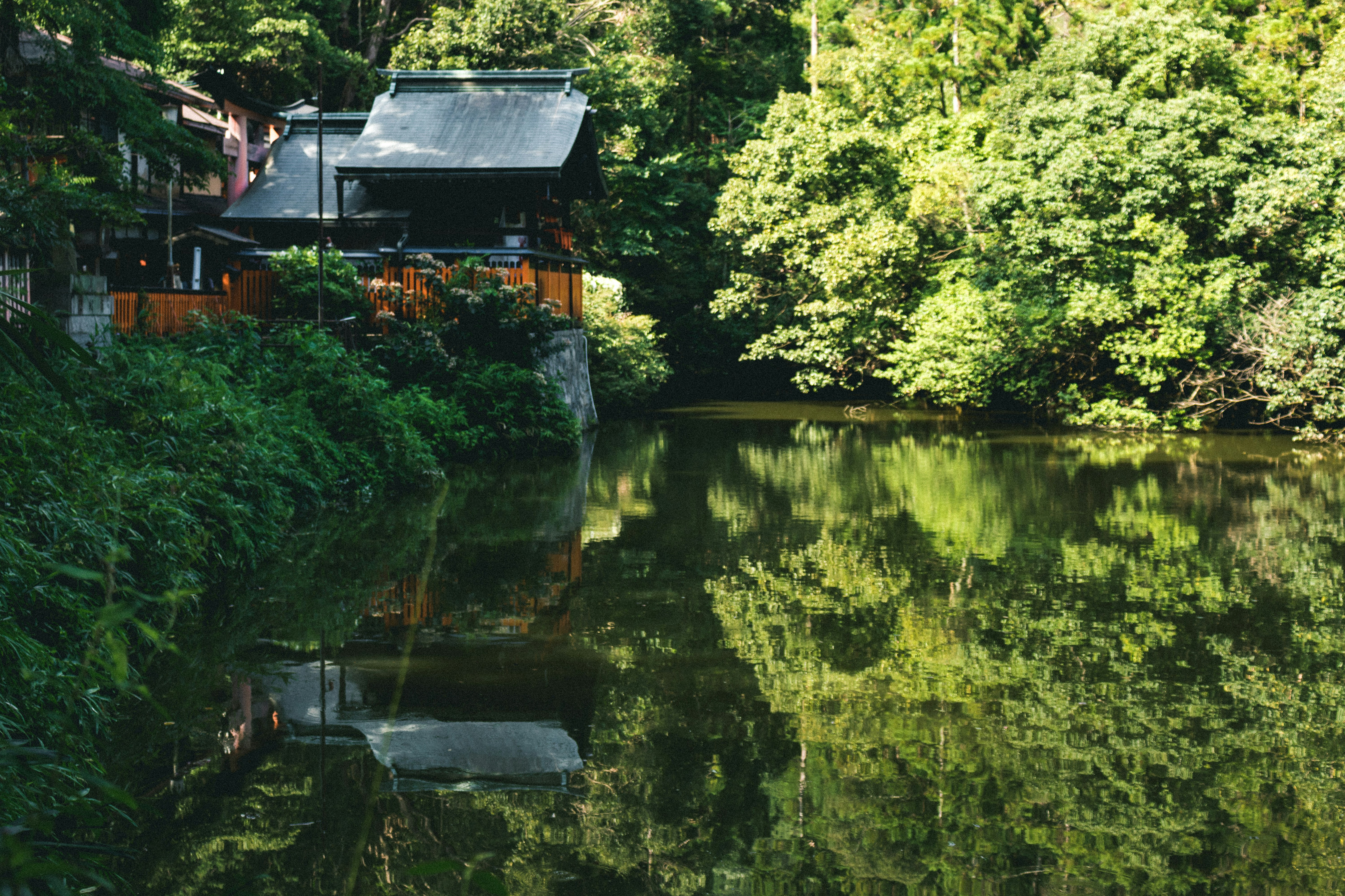 brown wooden house on river during daytime