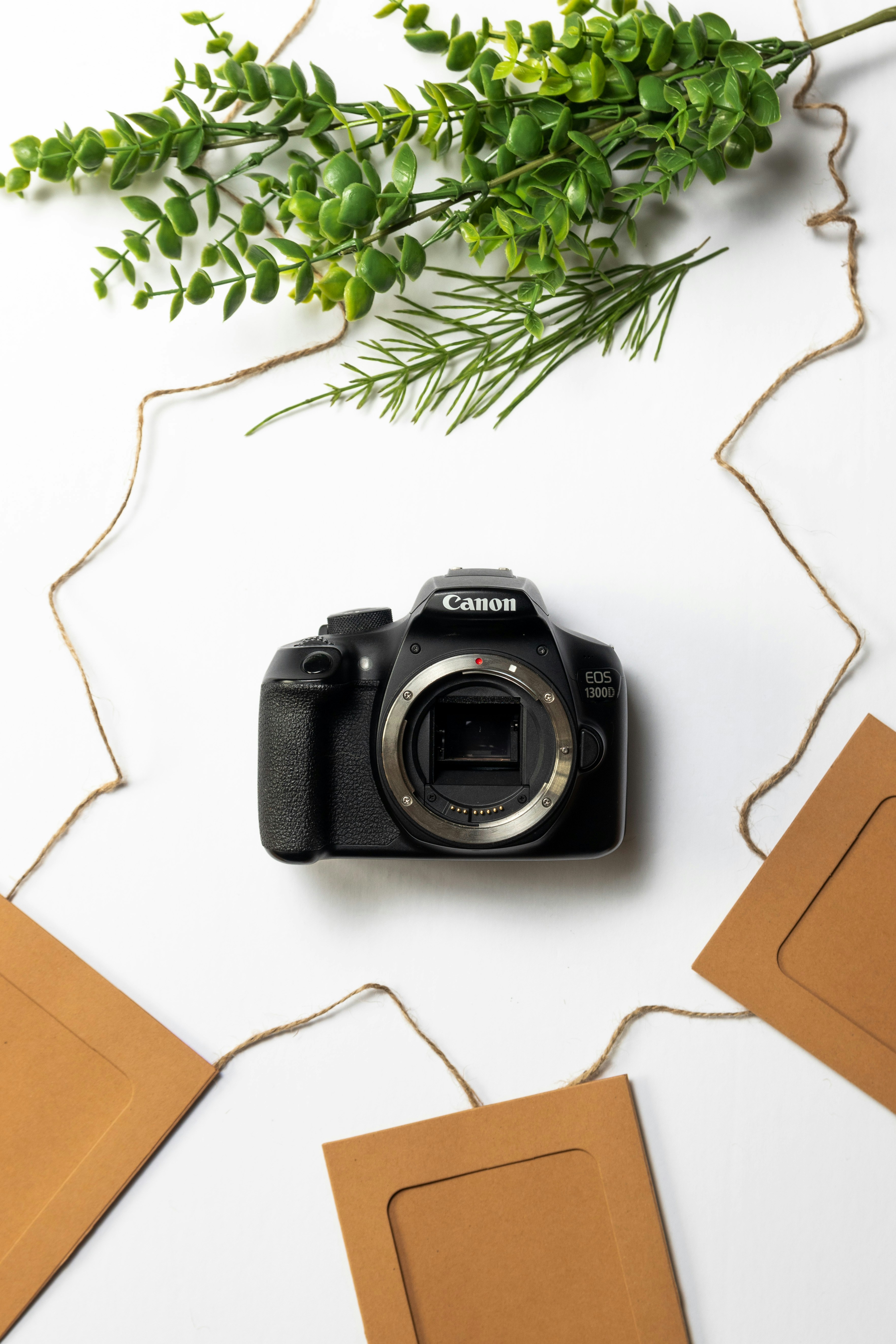 dslr camera on flat lay top down