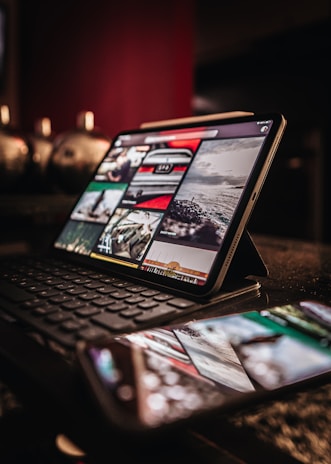 An inviting snapshot of a laptop displaying a vibrant image carousel on a cozy desk.
