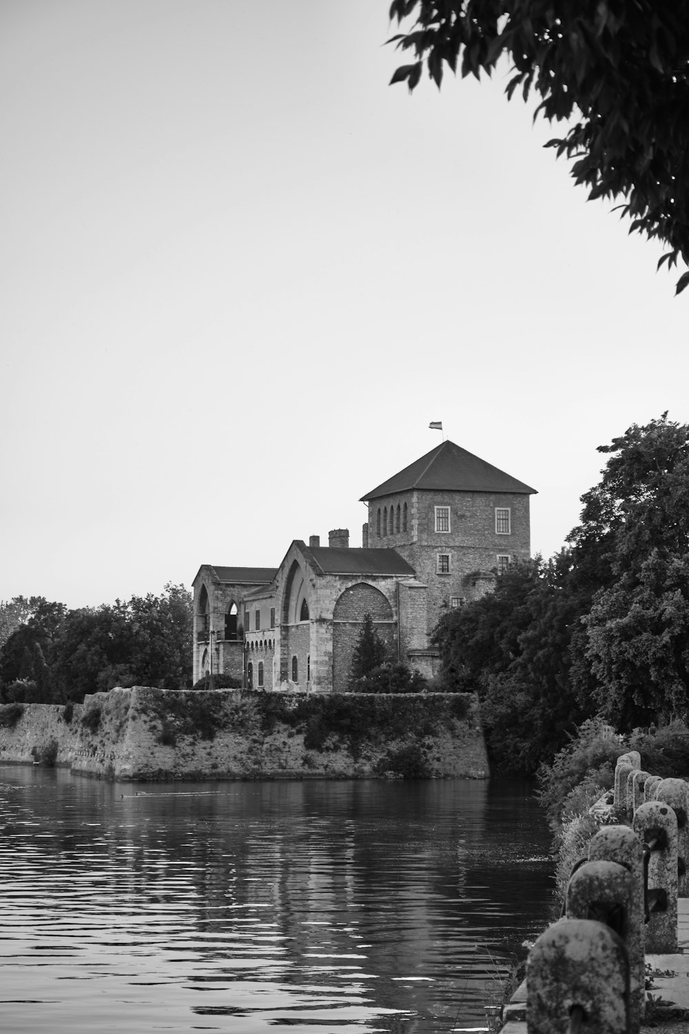 grayscale photo of house near body of water