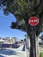 A tree-lined street with a red stop sign displaying the word 'PARE' in white letters. The sidewalk is bordered by trees and there is a road with vehicles. The background features a mix of urban structures including buildings, traffic lights, and a distant hill.