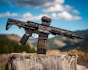 black assault rifle on brown wooden log