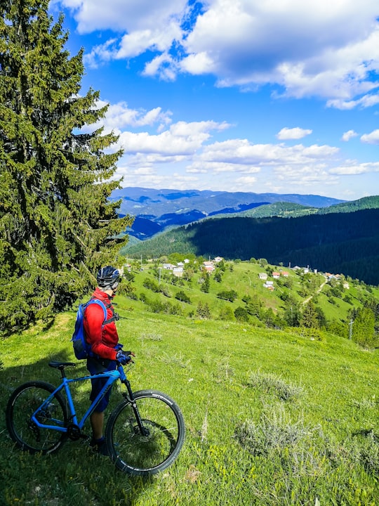 man in orange jacket riding blue mountain bike on green grass field during daytime in Rhodope Mountains Bulgaria