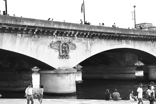 grayscale photo of people walking on bridge in Seine France