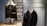 A display features three leather jackets. One is on a mannequin with a shearling collar, while two are hanging on a metal rack. The background includes a decorative panel with street names in bold capital letters.