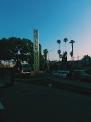 A tall vertical sign with 'HOLLYWOOD' written on it stands prominently against a clear blue sky. Several palm trees are visible in the background alongside urban buildings and parked cars. The scene captures a typical urban street setting during daytime.