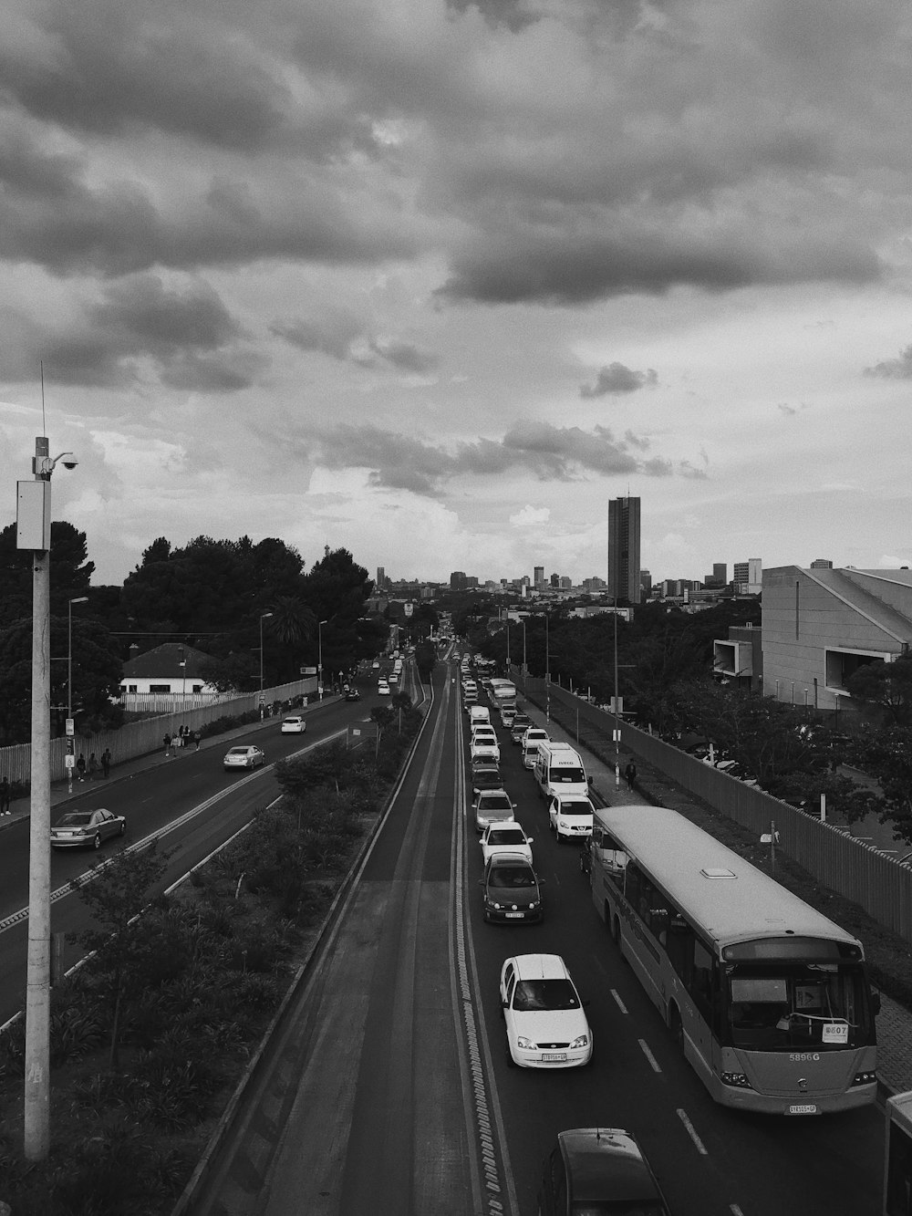 grayscale photo of cars on road