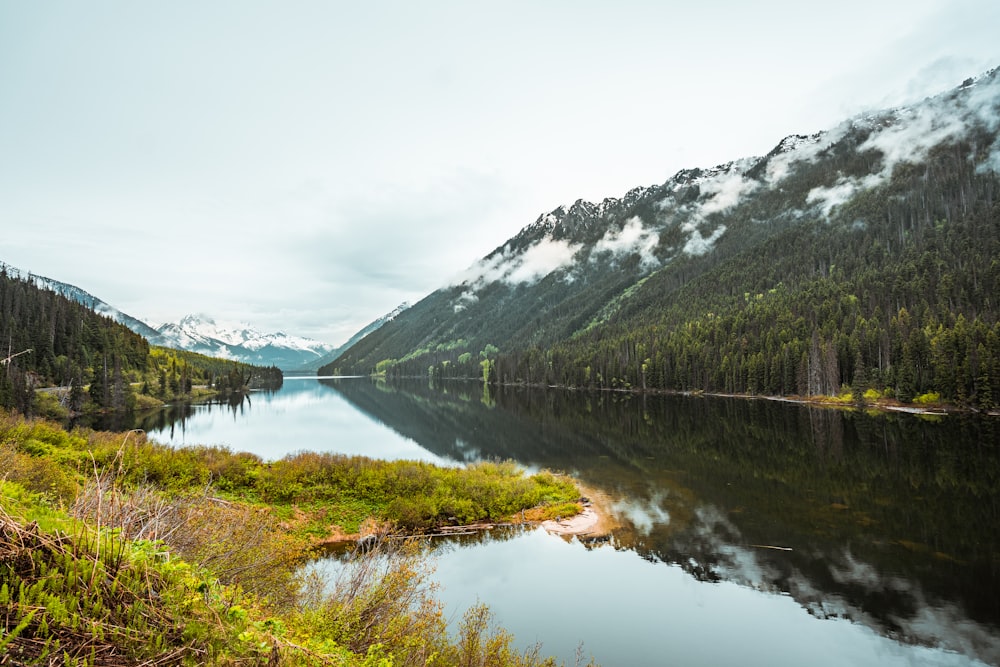 green and white mountain beside lake under white sky during daytime