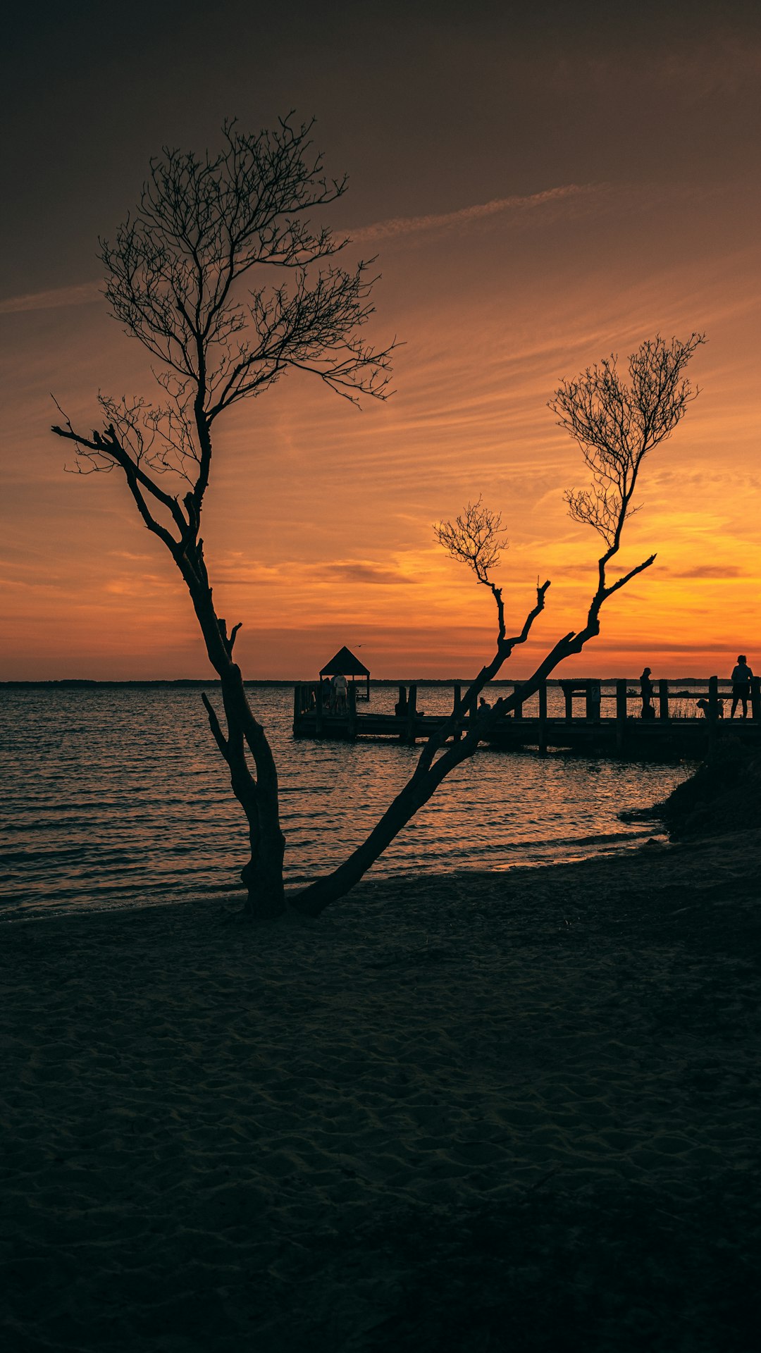 silhouette of house near body of water during sunset