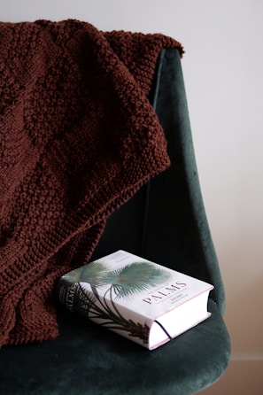 A cozy purple blanket draped over a chair, embroidered with a scripture promise.