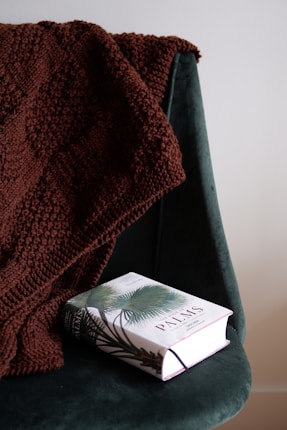 A knitted brown blanket is draped over a plush, dark green chair. A book titled 'Palms' with a white cover and an illustration of palm leaves rests on the chair seat.