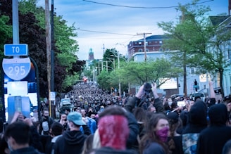 A large crowd of people fills a city street during a demonstration. Many individuals are holding up signs and taking pictures or videos with their phones. The street is flanked by trees and buildings, and there are power lines above. The atmosphere is energetic and engaged.