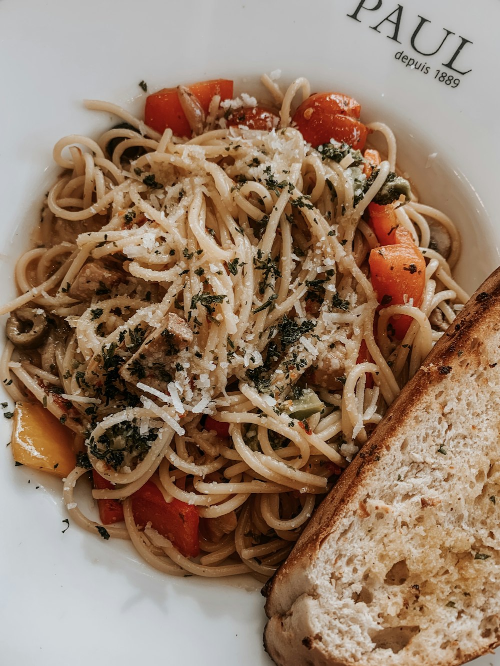 pasta with tomato sauce and bread