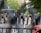 A group of law enforcement officers in riot gear, including helmets and shields, stand behind a barrier in a street setting with trees in the background. There are visible signs indicating no bicycles and military presence.