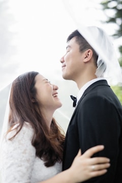A bride and groom are sharing a joyful moment under a veil. The woman is laughing with her head tilted back, and the man is smiling contentedly. They are dressed in formal wedding attire, with the woman in a white lace dress and veil, and the man in a black tuxedo with a bow tie.