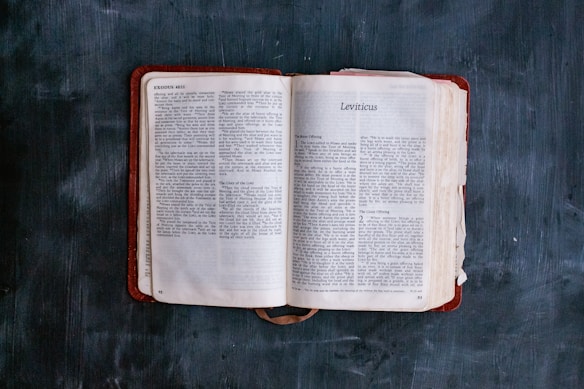 An open book with two visible pages showing text from the Bible, specifically the books of Exodus and Leviticus. The book is lying flat on a dark surface with a worn-out red cover.